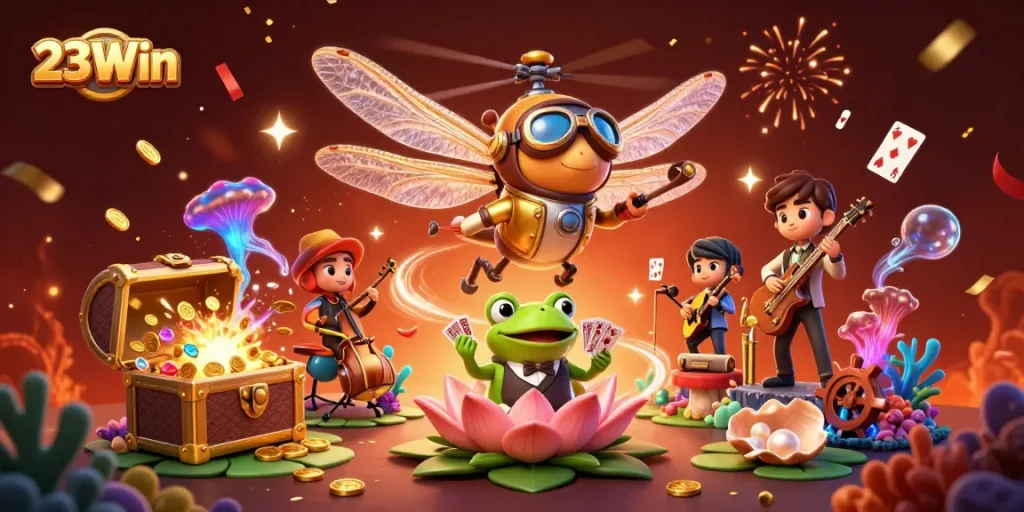 Experience the excitement of 23Win with a vibrant casino scene featuring a frog dealer and jazz musicians.