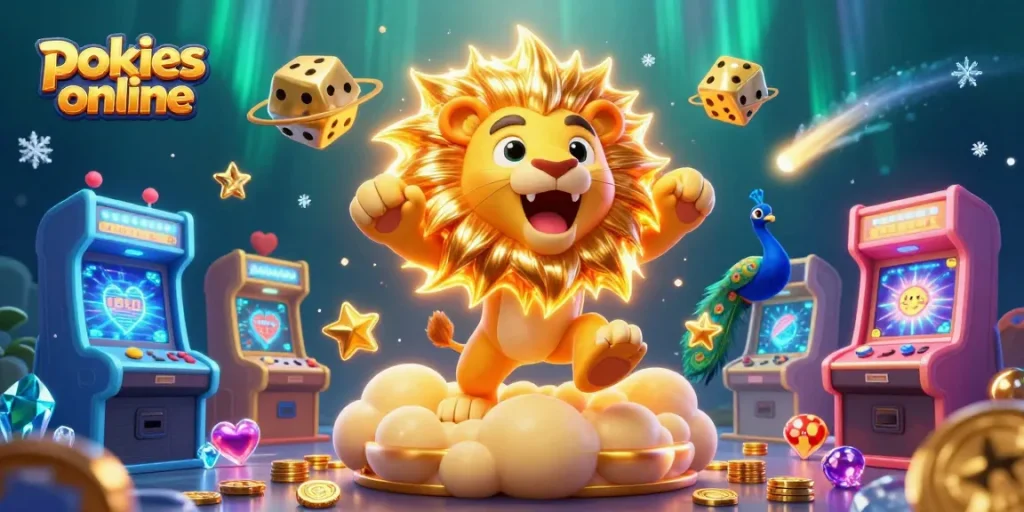 Experience the excitement of pokies online with games and jackpots in a vibrant 3D casino scene.