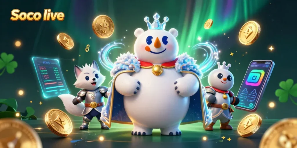Soco live offers thrilling gameplay with vibrant 3D cartoon characters amidst Bitcoin and Ethereum elements.