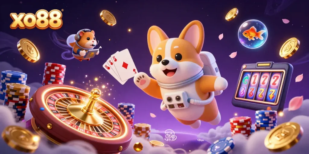 Experience the thrill of xo88 space-themed gaming with a corgi and friends in a vibrant casino scene.