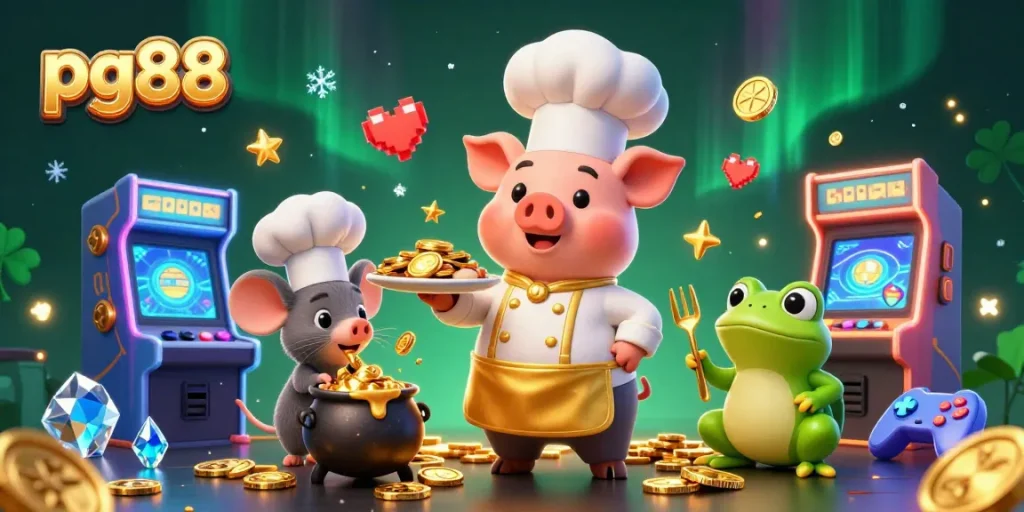 Experience the excitement of pg88 with a chef pig, mouse, and frog in a vibrant gaming scene.