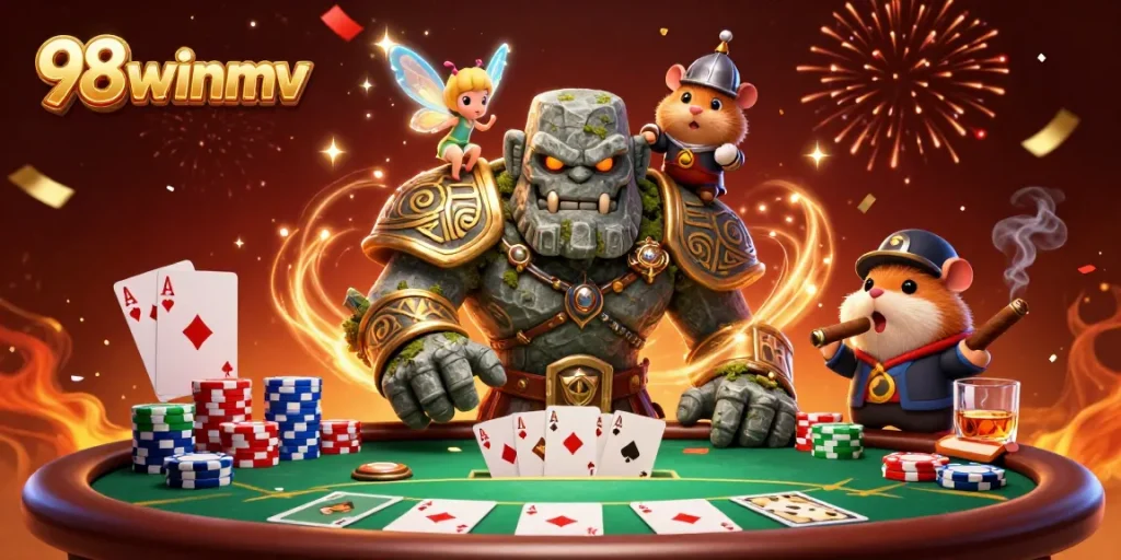 Casting winning magic at the poker table, 98winmv's dynamic characters shine in a vibrant casino scene.