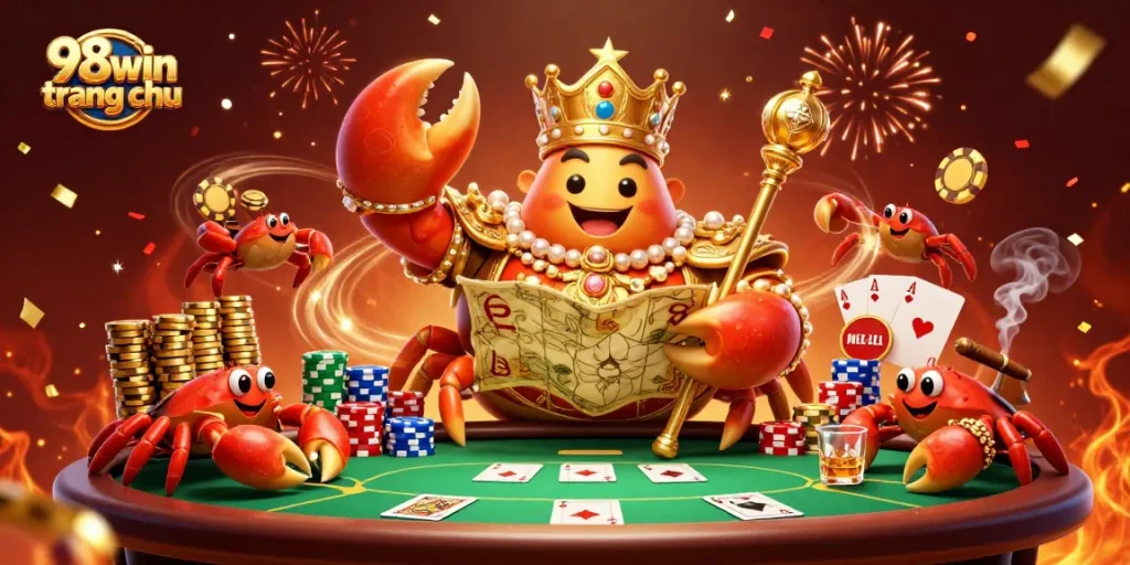 Experience the thrill of winning with 98win trang chu and a golden crab emperor in a vibrant casino scene!