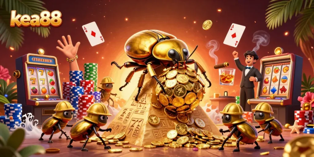 Experience the lavish world of kea88 as golden beetles roll coins up a pyramid in this casino-themed illustration.