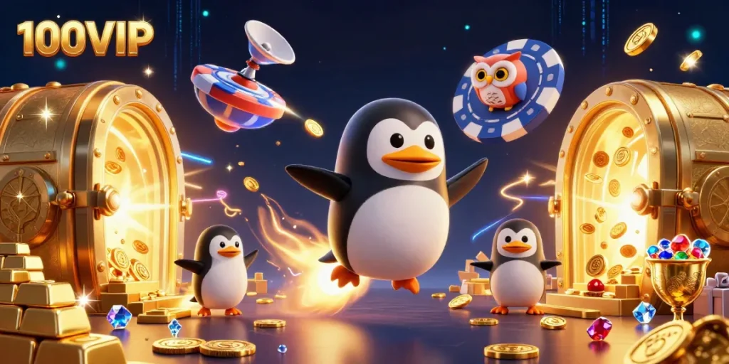 Engage with 100VIP’s vibrant casino experience showcased in a 3D animated scene.