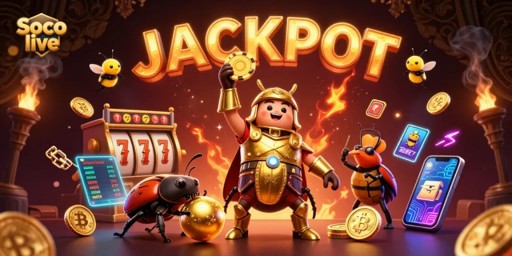 Join the action with Soco live’s victorious beetle celebrating a jackpot with a poker chip in a lively casino setting.